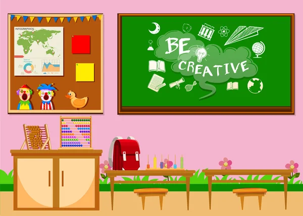 Kelas dasar dengan papan dan kursi — Stok Ilustrasi Kelas dasar dengan papan dan kursi Stok Vektor