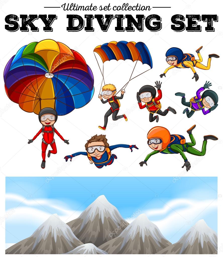 People doing sky diving and mountain scene