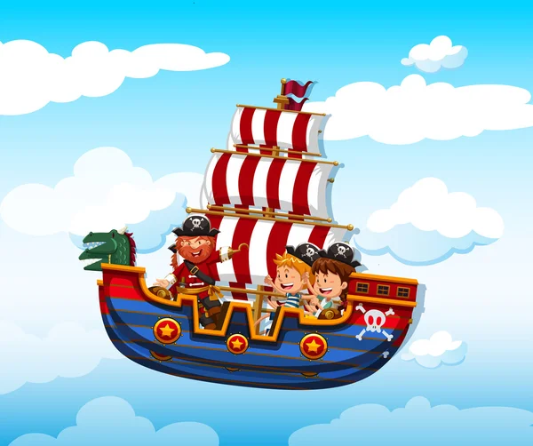 Мальчик и девочка едут на викинге с пиратом — стоковый вектор