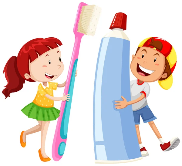 Niño y niña con cepillo de dientes gigante y pasta — Vector de stock