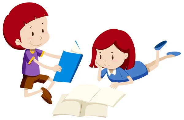 Menino e menina lendo livros — Vetor de Stock