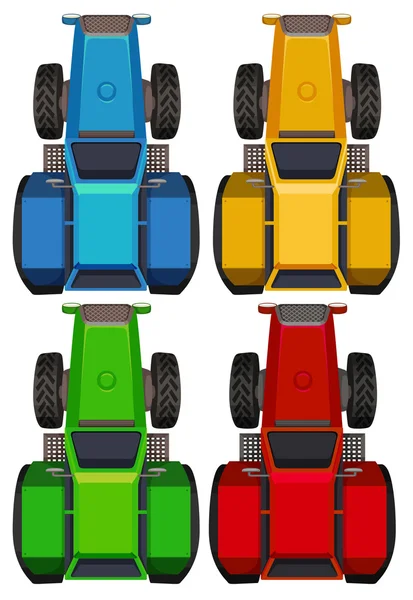 Top view of tractors in four colors — Stock Vector