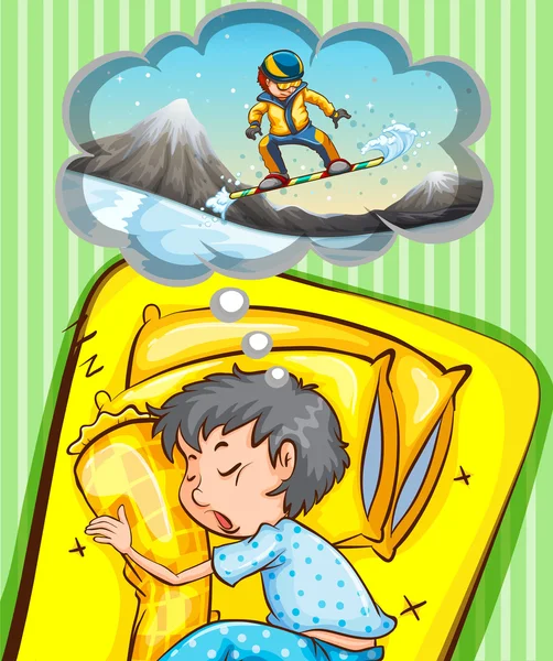 Niño durmiendo y soñando con snowboard — Vector de stock