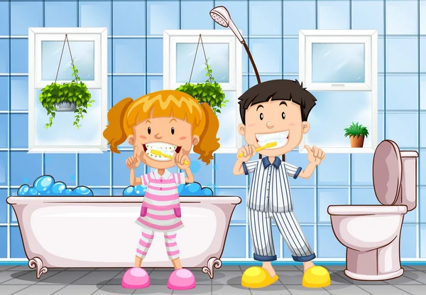 Niño y niña cepillándose los dientes en el baño — Vector de stock