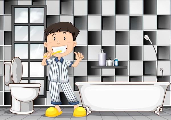 Menino escovando dentes no banheiro —  Vetores de Stock