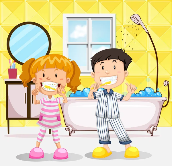 Niño y niña cepillándose los dientes en el baño — Vector de stock