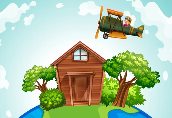 Avião voando sobre uma casa de madeira — Vetor de Stock
