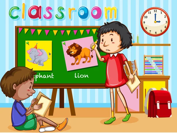 Pojke och flicka i klassrummet — Stock vektor