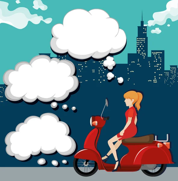 Mujer en moto en la ciudad — Vector de stock