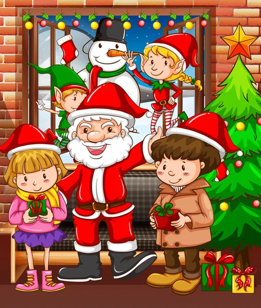 Tema Navidad con Papá Noel y niños — Vector de stock