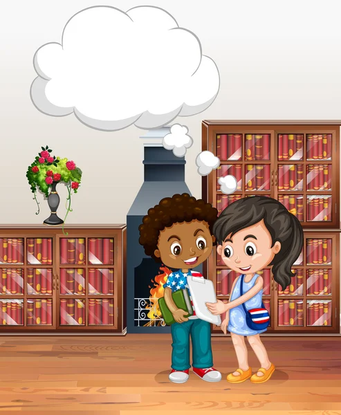 Pojke och flicka i biblioteket — Stock vektor