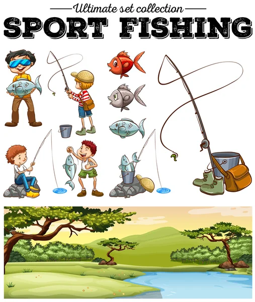 People fishing and river scene — Stock Vector