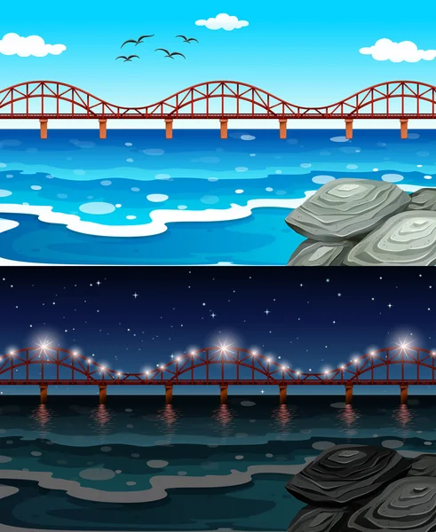 Scène océanique avec pont et rocher — Image vectorielle