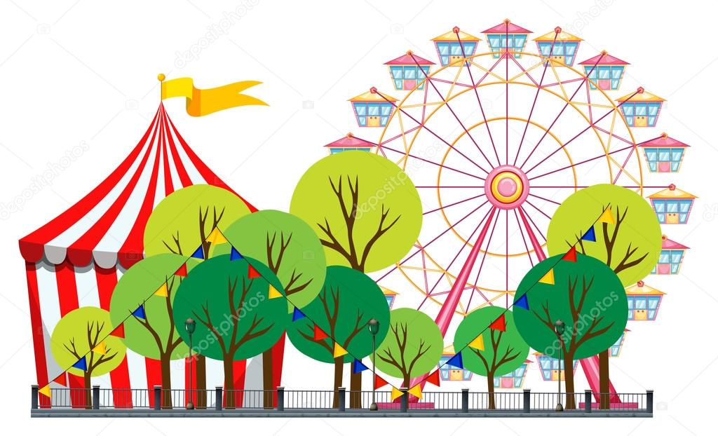 Circus scene with tent and ferris wheel