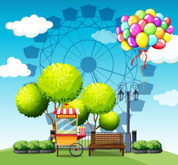 Parque com vendedor de pipoca e balões —  Vetores de Stock