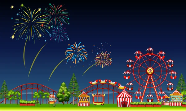 Amusement park scène bij nacht met vuurwerk — Stockvector