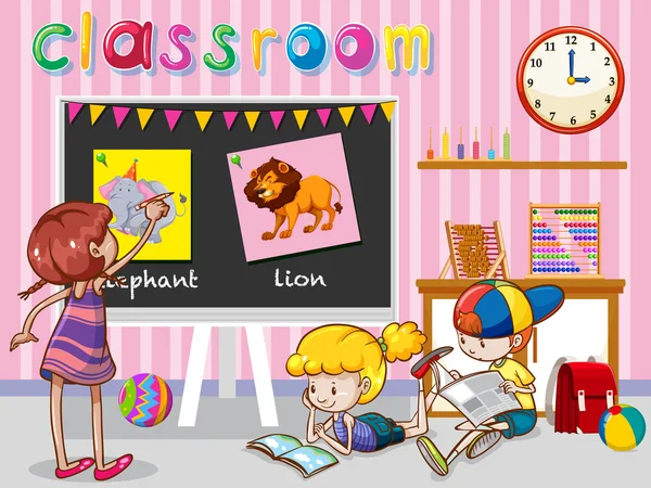 Crianças lendo e pintando em sala de aula — Vetor de Stock