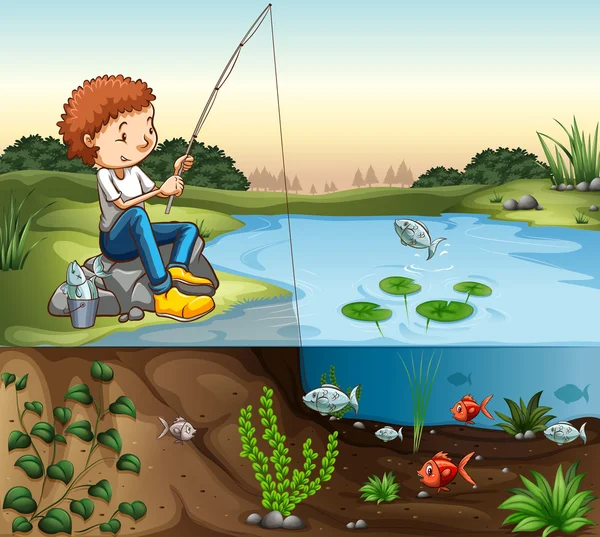 Niño pescando junto al río — Archivo Imágenes Vectoriales