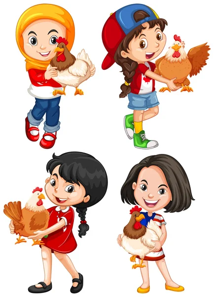 Les filles étreignant poulet mignon — Image vectorielle
