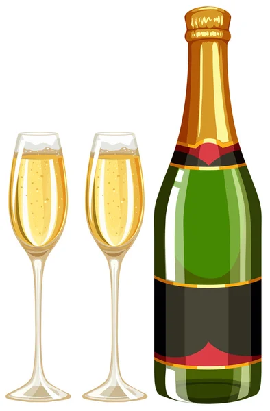 Botella de champán y dos copas — Vector de stock