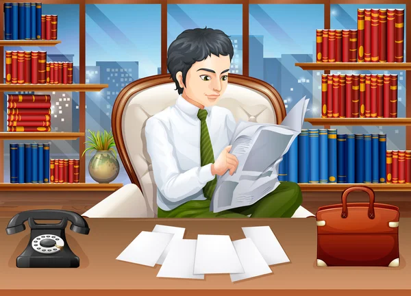 Empresário lendo papéis no escritório — Vetor de Stock