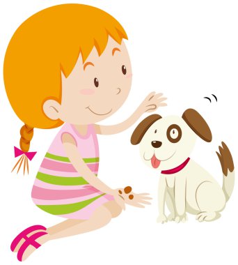 Sevimli kız onu evde beslenen hayvan köpek besleme
