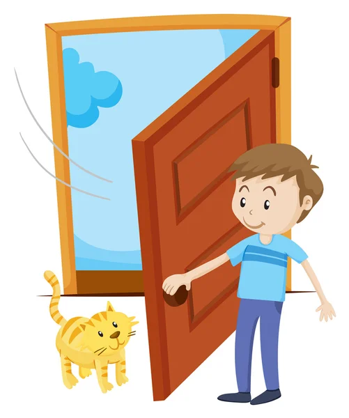 Homem abre a porta para gato de estimação —  Vetores de Stock