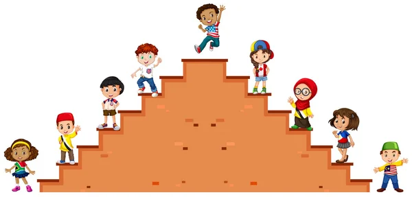 Niños de pie en las escaleras — Vector de stock