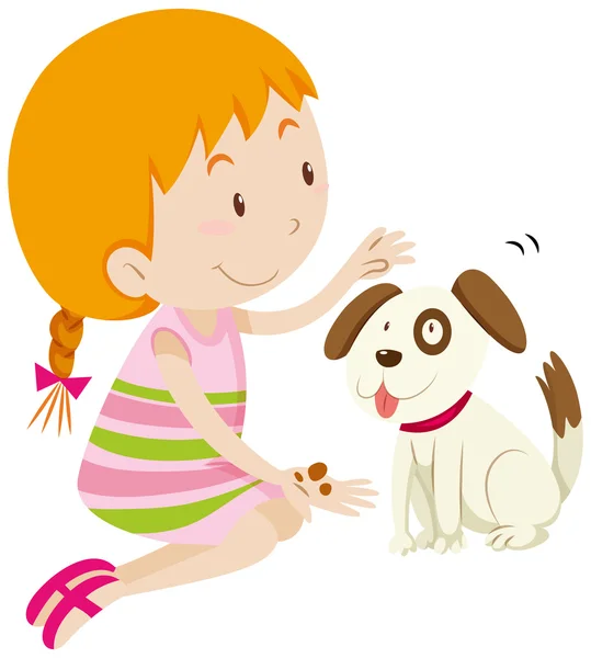 可爱的小女孩喂她的宠物狗 — 图库矢量图片