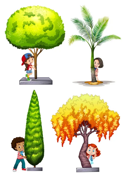 Children standing under different tree — Stock Vector