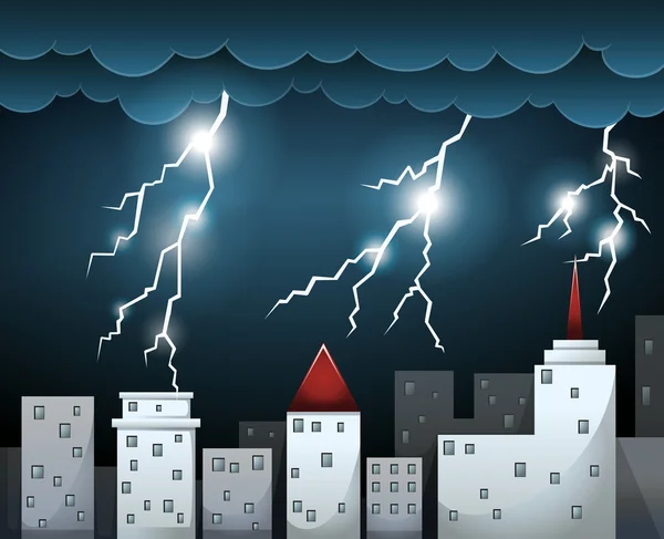 Thunderstorm and dark clouds over city — Stock Vector
