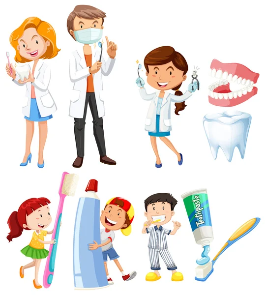 Dentista e crianças escovando os dentes — Vetor de Stock