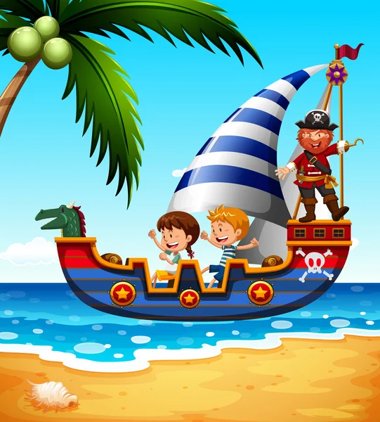 Enfants sur le bateau avec pirate — Image vectorielle