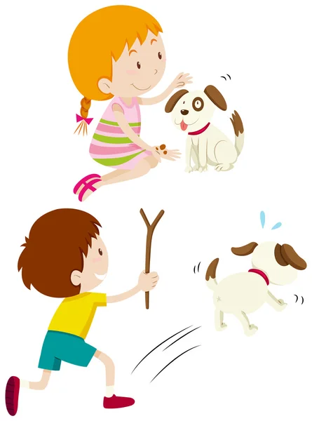 Chica alimentación perro y niño persiguiendo perro — Vector de stock