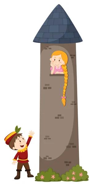 Príncipe mirando a la princesa en la torre — Vector de stock