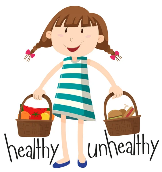 Menina e cesta com alimentos saudáveis e alimentos não saudáveis — Vetor de Stock