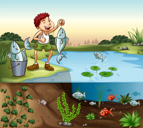 Niño pescando en la orilla del río — Vector de stock