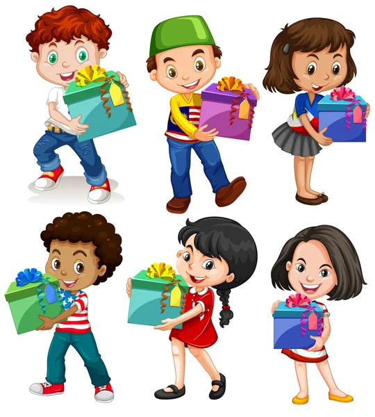 Boys and girls with present boxes — Stock Vector