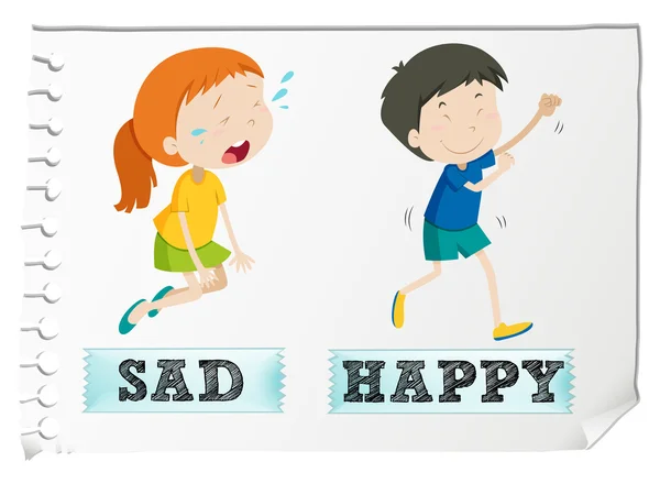 Opposite adjectives with sad and happy — Stock Vector