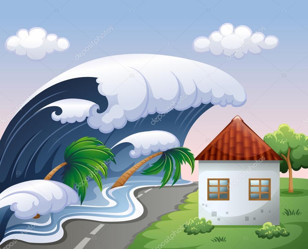 Tsunami with big waves over the house