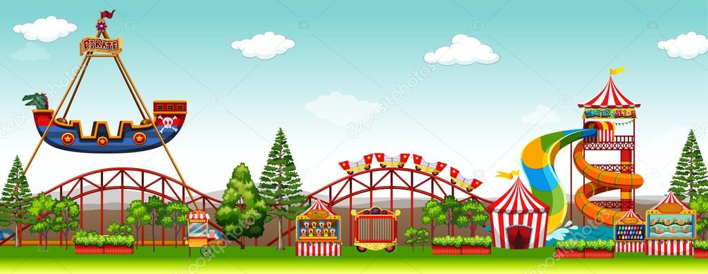 Amusement park scene with rides