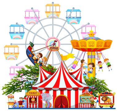 Amusement park scene with many rides