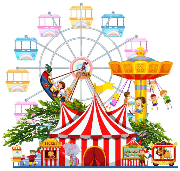 Amusement park scène met vele attracties — Stockvector