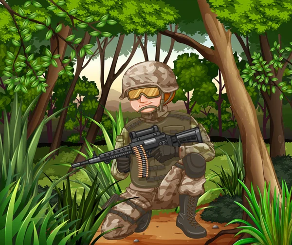 Soldier with gun in the jungle — Stock Vector