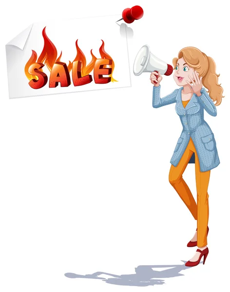 Menina com alto-falante anunciando venda —  Vetores de Stock