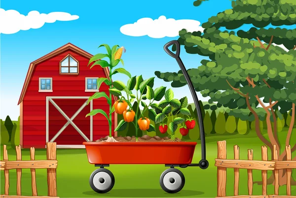 Gård scen med grönsaker på vagn — Stock vektor
