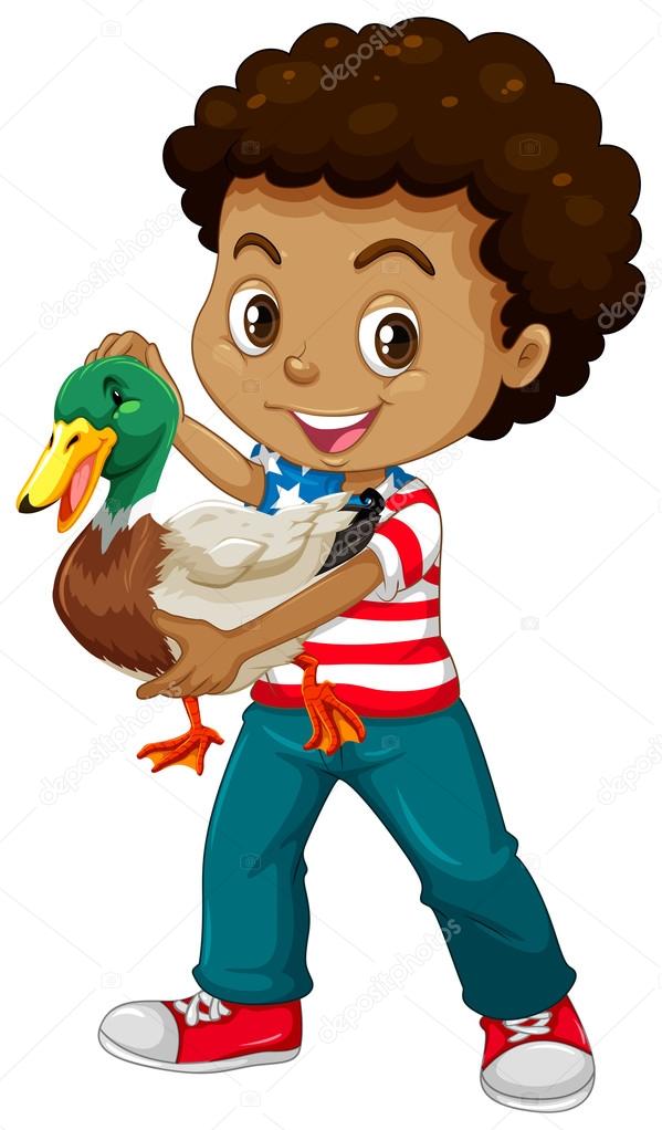 African american boy holding a duck