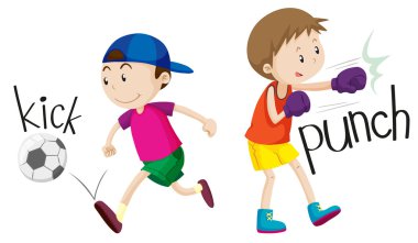 Boy kicking ball and punching vector Boy kicking ball and punching vector