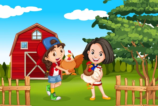 Duas meninas e frango na fazenda — Vetor de Stock