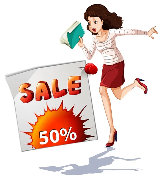 Girl running and sale sign — Stock Vector